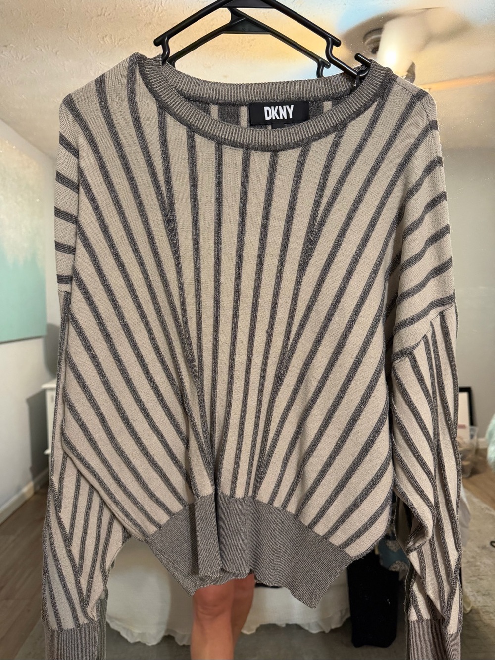 DKNY Cream and Gray Striped Crewneck Sweater